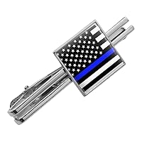 Thin Blue Line American Flag Square Tie Bar Clip Clasp Tack- Silver or Gold