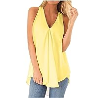Women's Tank Tops Sleeveless Solid Color Camisole Clothes V-Neck Flowy Hem Baggy Shirt Vest Tanks Comfort Tees