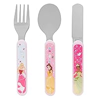 3 Piece Cutlery Set – Metal, Reusable Children's Knife, Fork & Spoon, Kids-Size, Made from Food-Safe Stainless Steel & ABS Plastic – with Cinderella, Belle & Mulan – for 12 Months