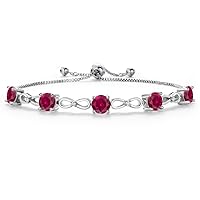 Gem Stone King Red Created Ruby and White Moissanite Tennis Bracelet For Women | 5.06 Cttw | Gemstone July Birthstone | Round 6MM | Fully Adjustable Up to 9 Inch