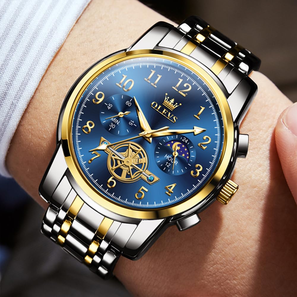 OUPINKE Watch for Men Analog Quartz Stainless Steel Waterproof Luminous Moon Phase Chronograph Luxury Business Dress Big Face Wrist Watches