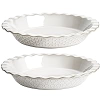 LE TAUCI Pie Pans for Baking 9 Inch, Ceramic Pie Plate for Apple Pie, Round Baking Dish Oven Safe, Embossment Housewarming Wedding Gift - 36 OZ, Set of 2, Fireworks + Honey Comb, Arctic White