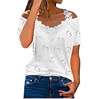 Womens Summer Cold Shoulder Tops Fashion Casual Solid Color Lace Patchwork Straps Short Sleeve Tee Shirts Loose Blouse