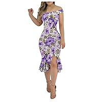 Corset Dress for Women, Maxi Dresses for Women 2024 Polka Dot Dress for Women 2024 Summer Irregular Hem Dress Women's Fashion One Shoulder Loose Backless Flower Print Outdoor (Purple,Medium)