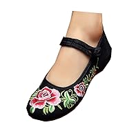 Chinese Embroidered Floral Shoes Women Mary Jane Flat Ballet Cotton Loafer Black
