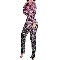 Leopard Onesie Pjs Women's Sexy Butt Flap Pajamas Deep V Neck Bodycon Jumpsuit Long Sleeve Trendy Romper Sleepswear
