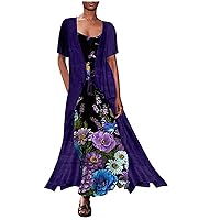 SMIDOW Sexy Spring Dresses for Women 2023 Trendy Floral Spaghetti Strap Flowy Maxi Dress Two Piece Dress and Cardigan Set