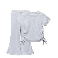Kids Tales Girls Knit Outfits Set 2Pcs Ribbed T-Shirt Flare Pants Summer Clothes Set Short Sleeve Tee Tops + Flared Leggings