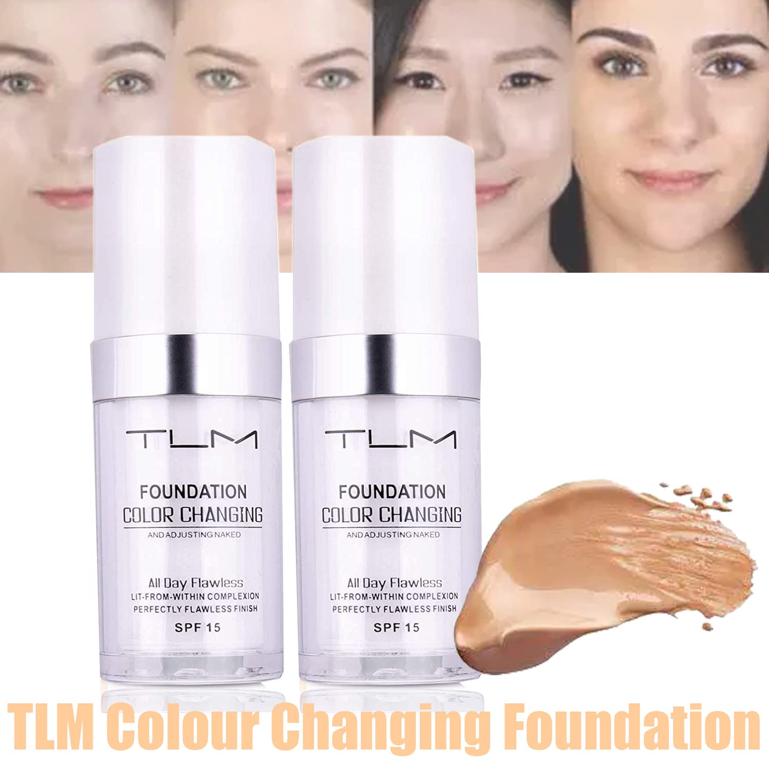2Pcs 30ml TLM Colour Changing Foundation Makeup Concealer Cover Cream Full Coverage Flawless Liquid Base Nude Face Liquid Cover Concealer Change Skin Tone All-Day Moisturizing Foundation for Women&Girls