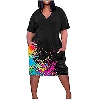 Plus Size Dresses for Women,2023 Summer Short Sleeve Tshirt Dresses Casual Loose V Neck Midi Dresses with Pockets