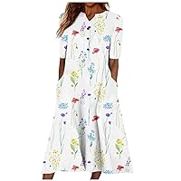 Summer Dresses for Women 2024 Casual Floral Print Maxi Dress Buttons Short Sleeves Sundresses Loose Beach Dress with