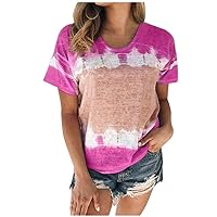 Womens Tops Summer Plus Size Tie Dye Color Block Crew Neck Short Sleeve T-Shirt Loose Casual Fashion Tee Shirts Blouse