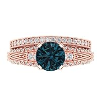 Clara Pucci 2.20 ct Round Cut Solitaire Natural London Blue Topaz Art Deco Statement Wedding Ring Band set 18K Rose Solid Gold