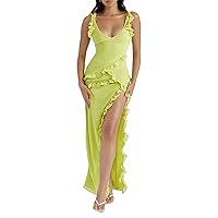 Y2k Ruffle Maxi Dress Strap Sleeveless High Split Long Dress Fluttery Draped Cowl Neckline Elegant Bodycon Dress