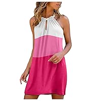 Sleeveless Sundress Women Summer Halter Collar Strapless Printed Mini Dress(f-Pink,XL)
