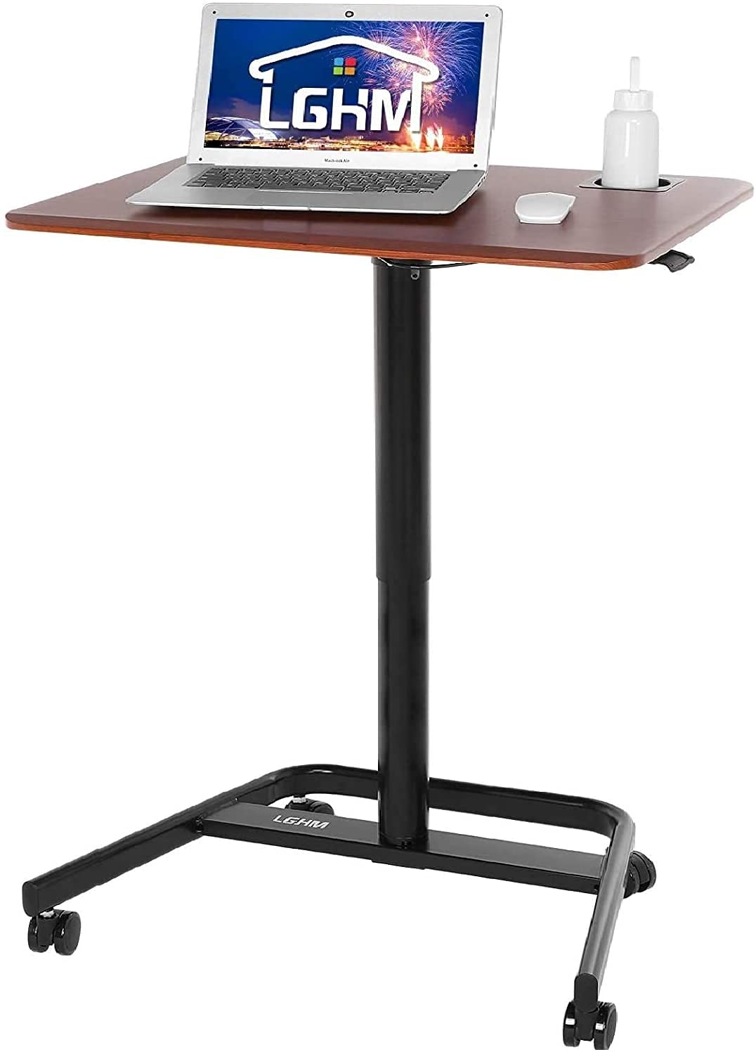 Rolling Desk, LGHM Mobile Standing Desk Adjustable Height, Pneumatic Rolling Laptop Desk w/Lockable Casters, Standup Desk Home Office w/Cupholder (...