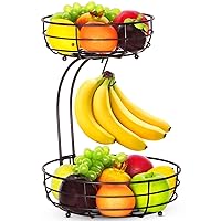 Bextsrack 2-Tier Countertop Fruit Basket Bowl with Banana Hanger, Metal Wire Fruits Stand Holder Storage Organizer for Kitchen, Bronze