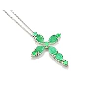 925 Sterling Silver Natural Zambian Emerald 7X5 MM Pear Cut Gemstone Holy Cross Pendant Necklace May Birthstone Emerald Jewelry Wedding Gift For Bridal (PD-8428)