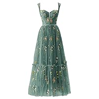 Basgute Women's Flower Embroidery Tulle Prom Dresses Corset Long Spaghetti Strap Fairy Ruched Formal Evening Party Gown