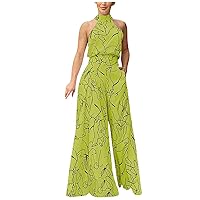 Women's Vacation Outfits Elegant Waist Drawstring Sleeveless Hanging Neck Trousers Printed Jumpsuit Clothing