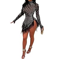 Women Sexy Rhinestone Hot Drilling Long Sleeve Dress Mesh See Through Tassels Bodycon Party Club Night Mini Dress