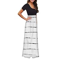 Women's Casual Dress Striped Maxi Dress Long Dress Crewneck Short Sleeve with Pockets