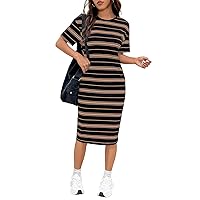 MARZXIN Regular Sleeve Dress Round Neck Knitted Striped Round Neck Short Sleeve Women Casual Dress for Summer Length Dress