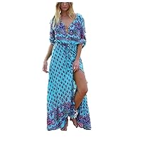 Women Floral Printing V Neck 3/4 Sleeve Maxi Dress Elegant Beach Tunic Sundress