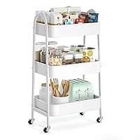 EAGMAK 3 Tier Utility Rolling Cart, Metal Storage Cart with Handle and Lockable Wheels, Multifunctional Storage Organizer Trolley with Mesh Baskets for Kitchen, Living Room, Office, Garage (White)