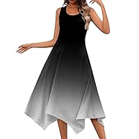 Flowy Dress, Sequin Dress Summer Mini Dress Round Neck Dress Women's Loose Sleeveless Trendy Irregular Hem Breathable Midi Womens Printed Daily Dressy Dress Fit and Flare Dress (Dark Gray,X-Large)
