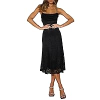 AOOKSMERY Womens Lace Cocktail Midi Dress Spaghetti Strap Cowl Neck Lace Semi Formal Dresses for Women Wedding Guest