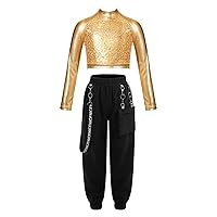 Girls 2pcs Sparkle Jazz Hip Hop Dance Outfit Long Sleeve Crop Top with Cargo Pants Clothing Set Tracksuit Dancewear