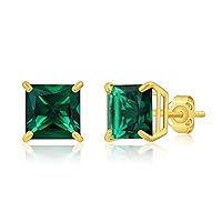 10K Yellow Gold Princess cut Created Emerald Stud Earrings, (7mm)