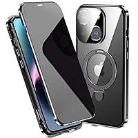 Privacy Case for iPhone 15/15 Pro/15 Plus/15 Pro Max 360°Full Body Protection with Invisible Stand Compatible with Magsafe Magnetic Adsorption/Metal Bumper (Black,15)