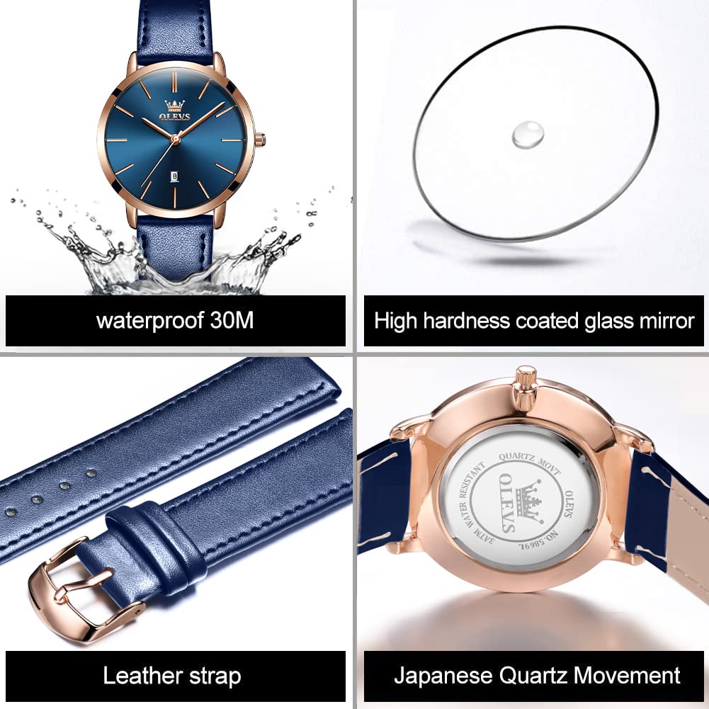 OLEVS Women Wrist Watches Ultra Thin 6.5mm Minimalist Dress Fashion Quartz Waterproof Date Day Leather Strap Slim Watches for Ladies