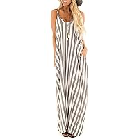 Women Casual Dress Loose Beach Sleeveless Stripes Summer Maxi Dresses with Pockets