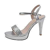 Sandals For Women Casual Summer Ladies Fashion Solid Color Sequins Leather Buckle Open Toe High Heel Sandals