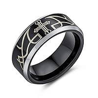 Laser Etched Catholic Religious Black Christ Thorn Cross Titanium Band Ring For Men Comfort Fit 8MM