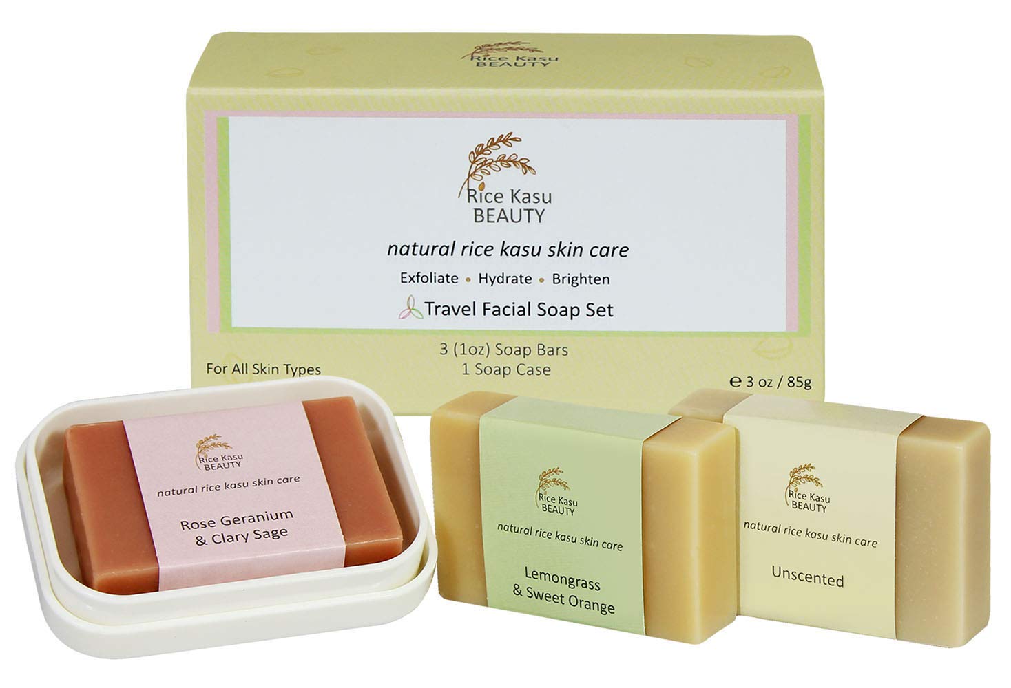 Rice Kasu Beauty Travel Facial Soap Set Plus Case, Unscented, Rose Geranium, Lemongrass and Sweet Orange, 3 Oz