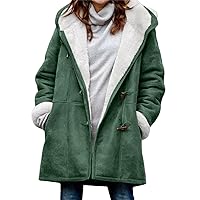 YangMeng Fluffy Collar Solid Color Hooded Loose Warm Coat Womens Side Horn Buttons Faux Fur Fleece Lined Jacket(Green,M)