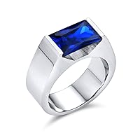Personalize Simple Geometric 4CTW Rectangular Simulated Blue Sapphire or Clear Cubic Zirconia Emerald Cut AAA CZ Statement Engagement Ring For Men Silver Tone Stainless Steel
