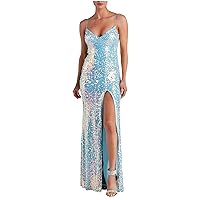 Women Sparkly Mermaid Prom Dresses 2024 Sequin Dress Spaghetti Strap Backless V Neck Formal Gowns High Slit Hem Evening Dress
