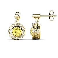 Round Lab Created Yellow Sapphire & Natural Diamond 1.64 ctw Halo Drop and Dangle Earrings 14K Gold