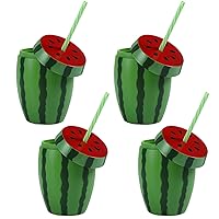 4PCS Watermelon Cups with Lids and Straws, 600ml Plastic Drinking Cups, Watermelon Shaped Drinking Cups Reusable Kids Water Cup, Kawaii Cup for Summer Hawaiian Tropical Party Supplies