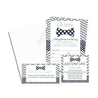 Paper Clever Party Bow Tie Baby Shower Invitation Bundle with Blank Invites with Envelopes for Boys, Diaper Raffle Insert Bring a Book Cards Set (25 of Each) Little Man Theme Blue and Grey