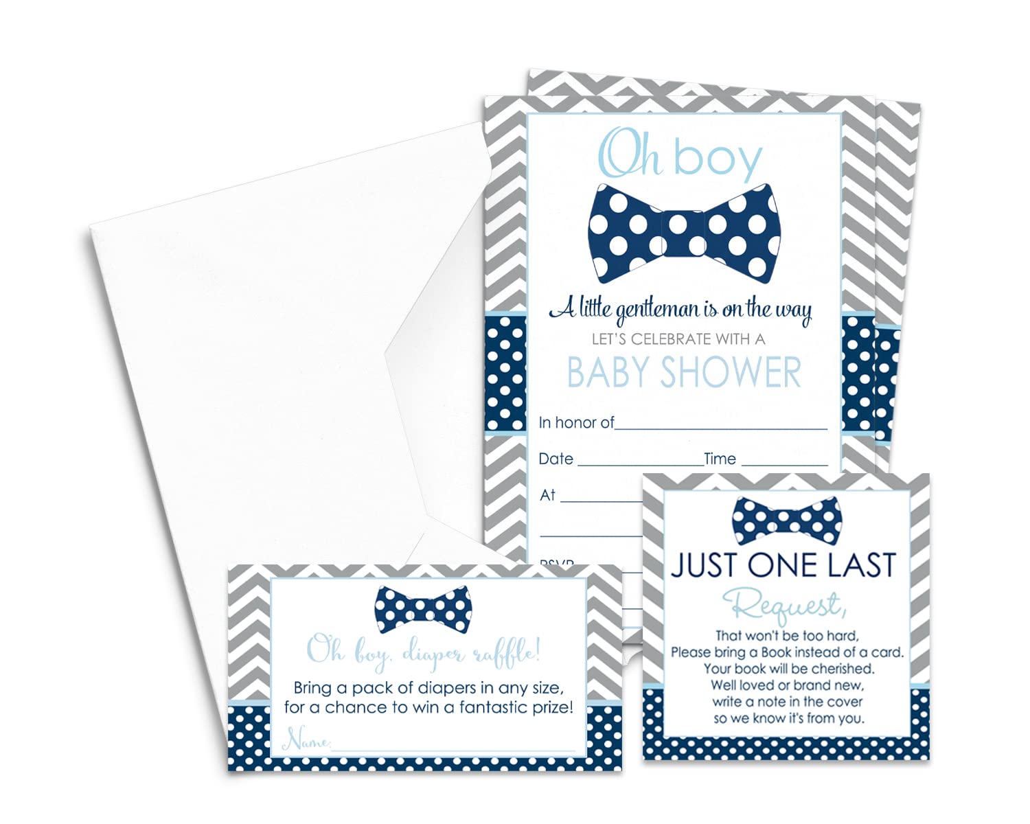 Bow Tie Baby Shower Invitation Bundle (25 Guests) Pack Includes Blank Invites with Envelopes for Boys, Diaper Raffle Insert and Bring a Book Cards Set – Little Man Theme Blue and Grey