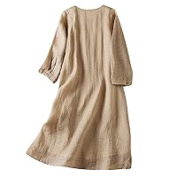 Women 3/4 Sleeve Cotton Linen Embroidery Floral Shirt Dress Summer Crewneck Split Side Hem Casual Loose Tunic Dress