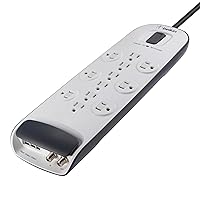 Power Strip Surge Protector - 12 AC Multiple Outlets, Ethernet & Cable Protection - 8 ft Long Extension Cord for Home, Office, Travel, Computer Desktop & Phone Charger - 3996 Joules, White