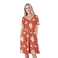 Women's Short Sleeve Empire Knee Length Dress with Pockets Coral Multi