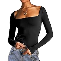 Sexy Women Square Neck Long Sleeve Crop Tops Slim Fitted Y2K Going Out Tops Basic Tight Cropped T-Shirts Blouse